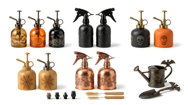 Helloween Halloween garden spray bottles and watering tools, gothic plant mister collection with skull and pumpkin motifs, vintage metal gardening set vactor