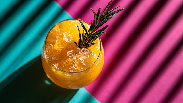 Golden Cocktail with Rosemary Garnish Against Colorful Background