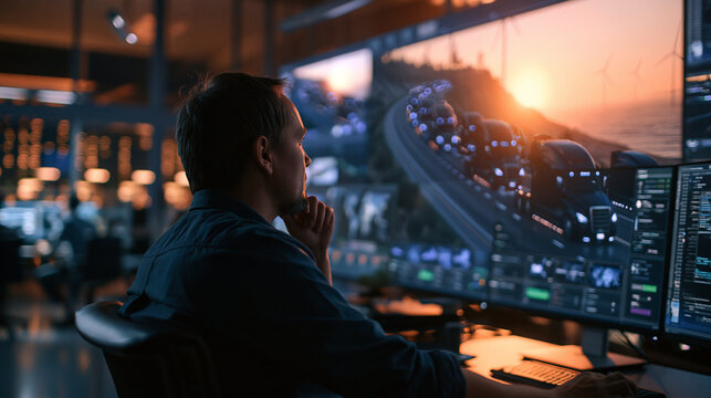 Control Room Operator Monitoring Industrial Facility at Sunset