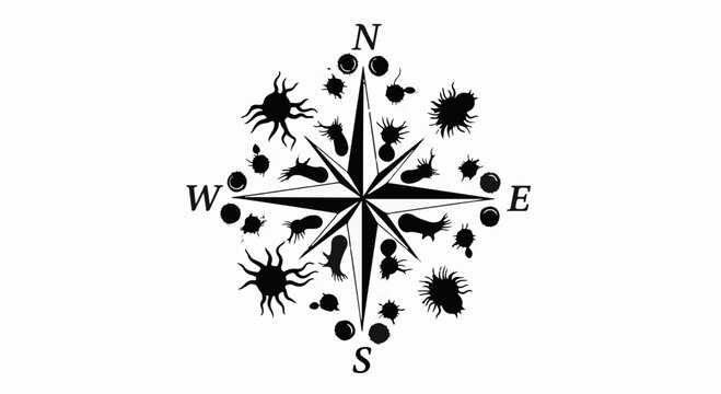Microscopic organisms forming a directional compass, symbolizing exploration and discovery.