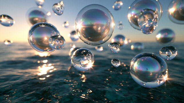 Floating Bubbles Against Ocean Sunset Sky