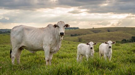 Fototapeta premium White Nelore calves and cattle grazing peacefully in a lush green pasture during sunset in the countryside.