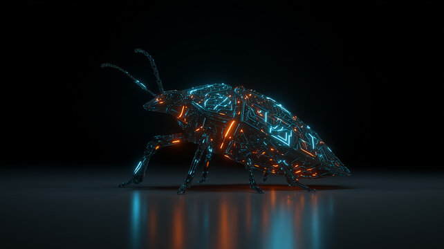 A futuristic robotic insect built from electronic circuitry represents cyber threats malware and digital security analysis.
