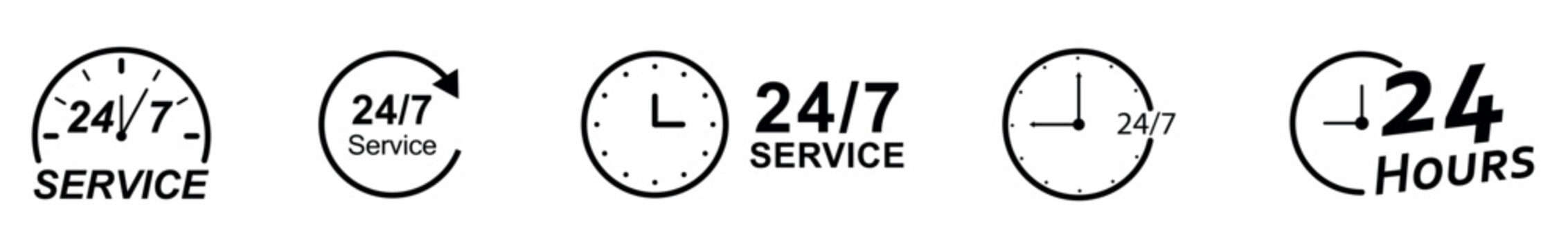 24 7 service icon set.  representing 24 7availability and support isolated on white background