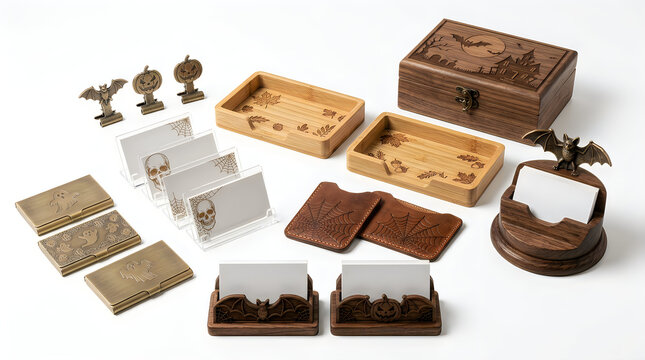 Helloween Gothic wooden office stationery set, engraved halloween desk accessories with bat and skull motifs, handcrafted timber business card holders and storage boxes vactor
