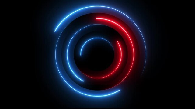 Glowing neon red and blue color circle frame background with loading bar icon animation eclipse rotation circular processing icon light effect seamless footage on black background