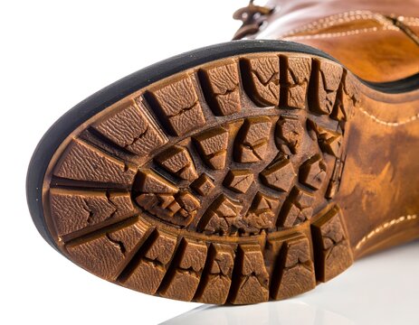 Brown leather boot sole close up view of rugged rubber tread for hiking footwear