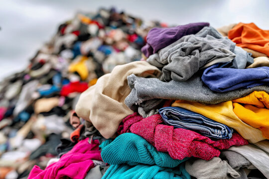 Pile of discarded clothes at landfill, fast fashion textile waste, clothing pollution, recycling problem, environmental pollution and overconsumption