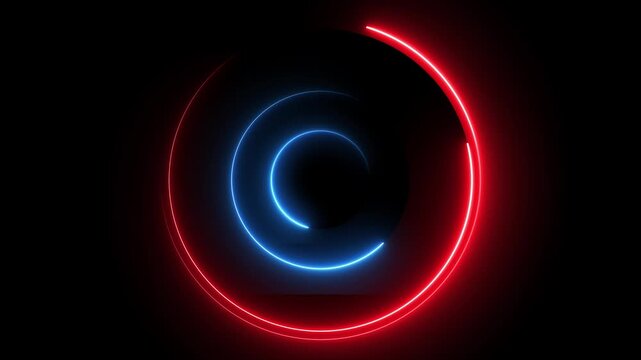 Glowing neon red and blue color circle frame background with loading bar icon animation eclipse rotation circular processing icon light effect seamless footage on black background