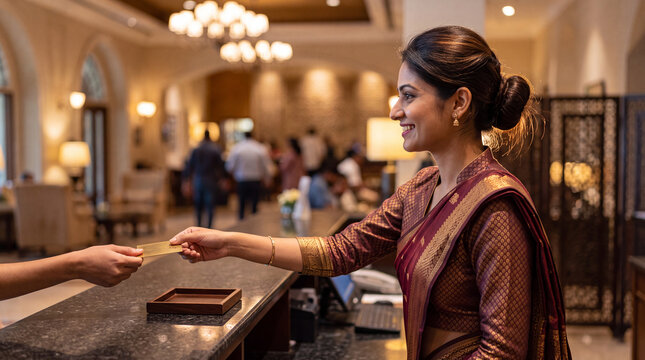 A smiling female Indian receptionist dressed in a maroon and gold saree handing a room key to a guest at a dark marble front desk in an upscale luxury hotel, illustrating professional hospitality, che