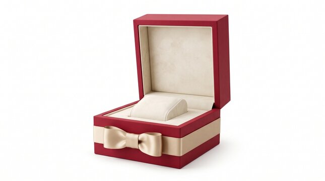 Empty red watch box with beige ribbon and velvet interior for luxury gift