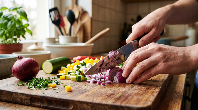 Person chopping fresh vegetables on a wooden cutting board for healthy meal preparation