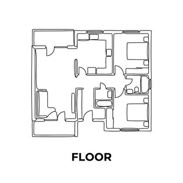 Line drawing of a floor plan with multiple rooms and interior walls on a white background architecture blueprint building