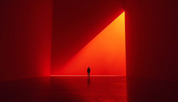  A figure is positioned in a dark room, highlighted by a striking red light, enhancing the scene's intensity.