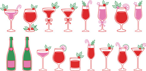 Christmas Cocktails and Drinks Line Vector Icon Set Featuring Festive Champagne Bottles, Red Martinis, Wine Glasses decorated with Holly, and Holiday Beverages © MDMASUD