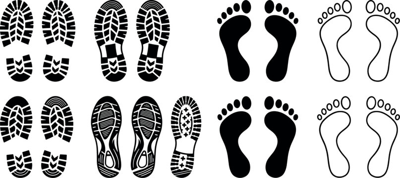 Human Footprint and Shoe Sole Print Icon Set Featuring Barefoot Tracks and Sneaker Tread Marks in Solid and Line Outline Styles for Navigation Signs