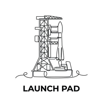 Line art illustration of a rocket on a launch pad depicted with a minimalist black and white style spacecraft launchpad launch pad
