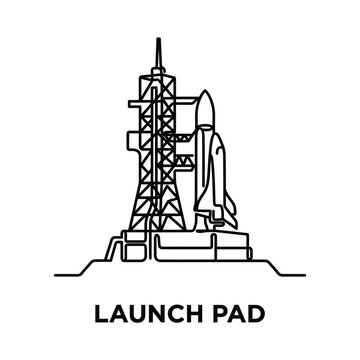 Linear illustration of a rocket on a launch pad with supporting structure black and white outline spacecraft launchpad launch pad space exploration space travel