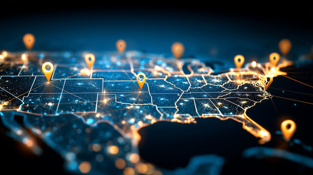 Map of the United States connected by location pins represents nationwide logistics and distribution infrastructure.
