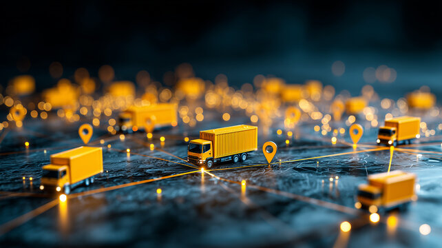 Delivery trucks connected across a mapped network represent global logistics and coordinated route tracking.
