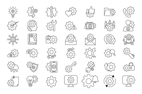 A comprehensive set of minimalist gear and settings line outline icons. Ideal for user interface design, mobile apps, and technical presentation.