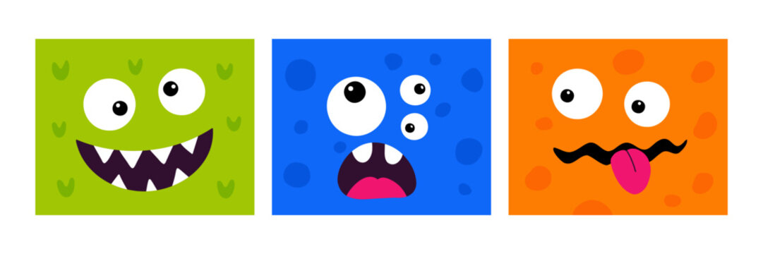 Monster face set. Square alien creature icons. Funny cute monster expressions with eyes teeth open mouth tongue. Halloween character avatar collection