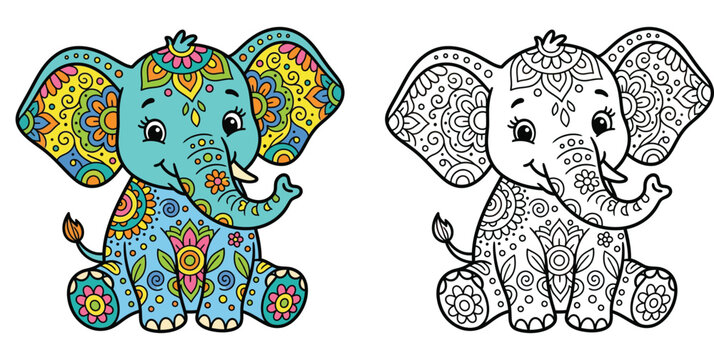 Cute cartoon baby elephant decorated with colorful floral mandala patterns, including colored version and black and white line art outline for coloring page