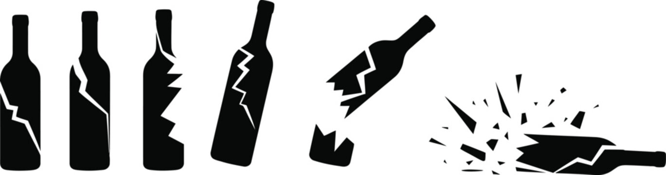 Black silhouette of broken glass bottles, showing various stages of damage from cracks to complete shattering into shards and fragments
