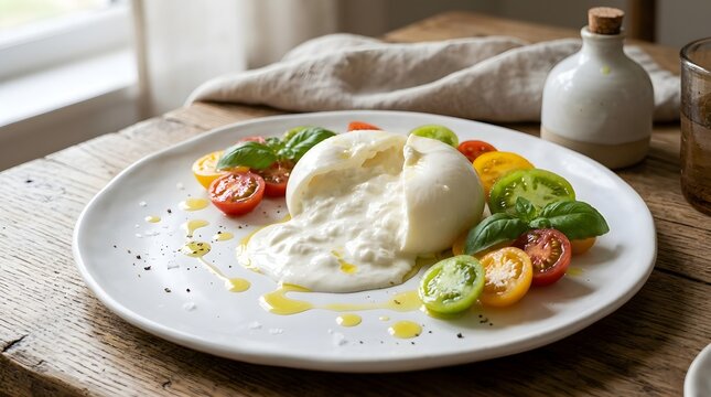 A creamy burrata cheese cut open on a white plate with colorful cherry tomatoes and basil.