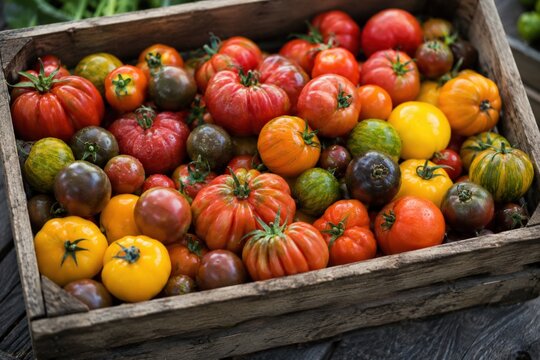 A Vibrant Collection of Heirloom Tomatoes Showcasing Diverse Colors, Shapes, and Sizes in a Rustic Wooden Crate, Perfect for Culinary Enthusiasts and Gardeners