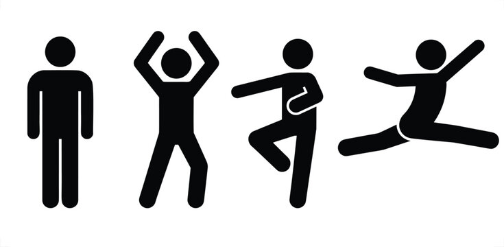 Set of four black stick figure silhouettes showing different poses, including standing, arms raised, balancing on one leg, and leaping