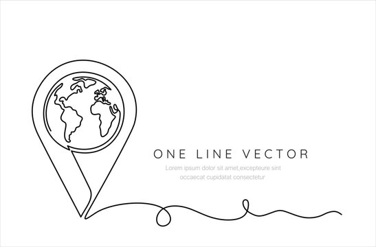 Location map pin pointer with Earth globe inside. Navigation, business, education and travel concept. Continuous one line drawing. Editable stroke. Vector