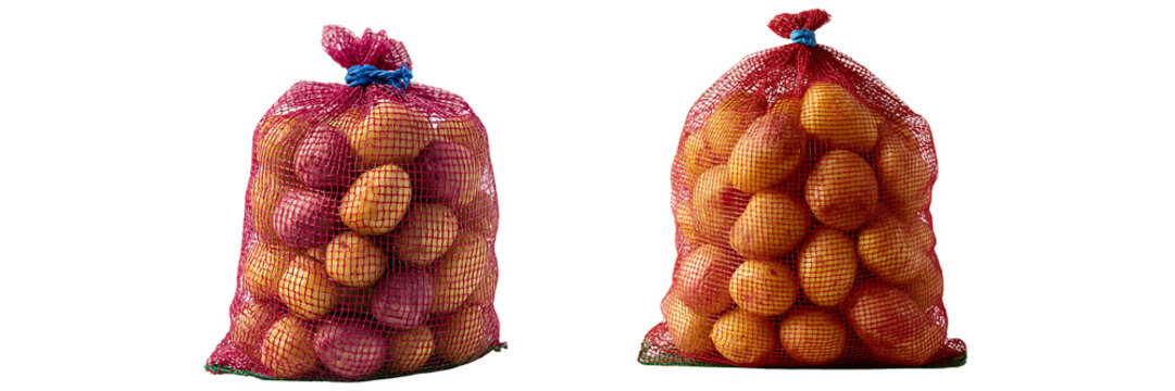 Two mesh bags filled with fresh raw potatoes isolated on white isolated on transparent background