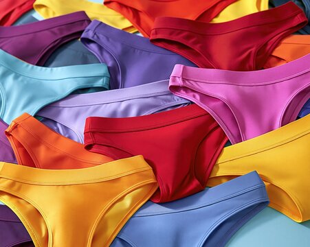 Collection of colorful women's underwear arranged as flat lay on blue background concept of comfort and diversity
