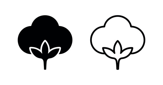 Simple black and outline cotton flower icon set, representing natural textile fiber and organic products.