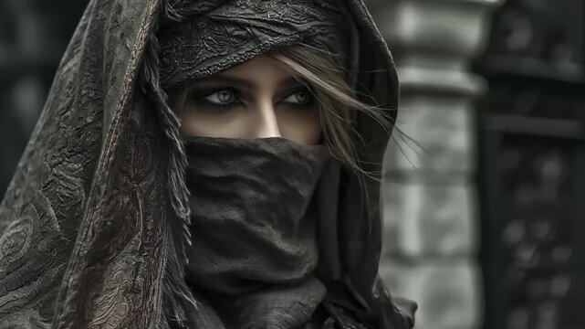 Europe medieval lifestyle. A closeup portrait of a woman, captured in a moody, atmospheric style. She wears a dark, intricately patterned headscarf and a black cloth covering her face.