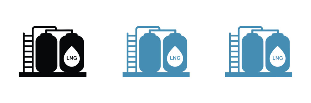 Lng terminal glyph vector icons set, liquefied natural gas storage and regasification symbols. Modern energy infrastructure icon collection featuring industrial tanks, pipelines, loading terminals