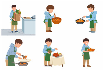 Set of illustrations of a little boy cooking various steps of a meal, from grocery shopping to serving fried chicken