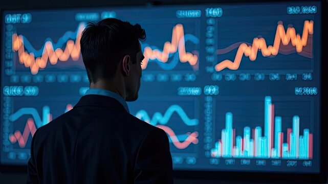 Man studies financial charts on a large display