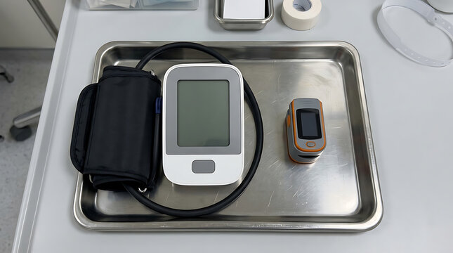 Blood pressure monitor and pulse oximeter on a tray in a hospital clinic