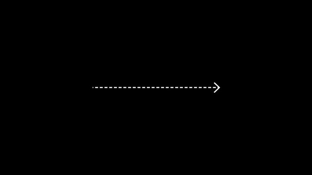 Right arrow direction with dotted line animation on black background. Animated dot arrows icon sign. White straight arrows animation. Reveal animation of dashed.