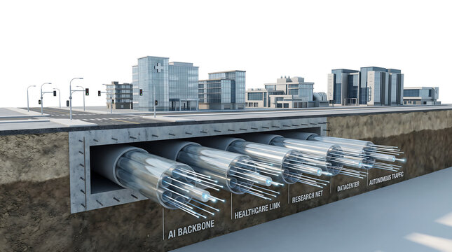 AI Generated Underground Data Center Infrastructure with Fiber Optic Utility Network Beneath Smart City for Cloud Computing Technology