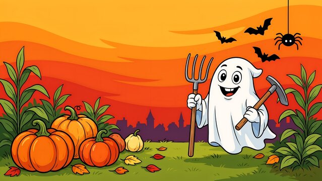 Cute cartoon ghost holding a pitchfork in a pumpkin patch at sunset for halloween background