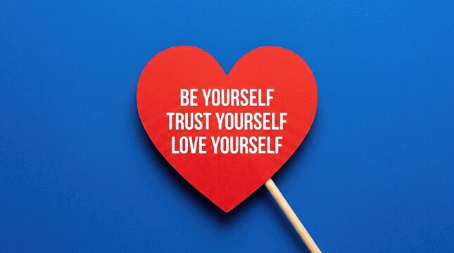Red heart shaped sign featuring inspirational text messages displayed against a vibrant blue solid background