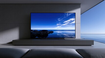 Fototapeta premium Modern flat screen television display placed in a minimalist living room with ocean view. Ideal concept for luxury home entertainment and interior design.
