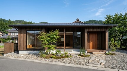 Fototapeta premium Japanese wooden house exterior d - Traditional design, Garden