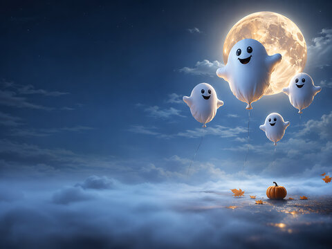 Friendly ghost balloon parade at night under full moon with halloween pumpkins halloween fullmoon celebration decorative