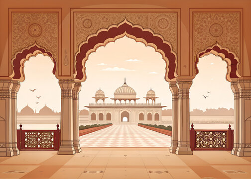 Empty Indian royal palace gate framed by decorative arches  geometric carvings  luxurious minimal vector style  clean composition
