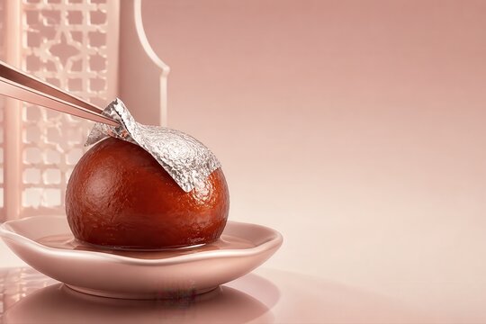 Gulab Jamun Dessert with Silver Leaf and Copy Space