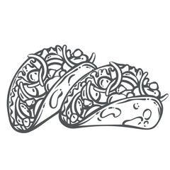 Obraz premium Taco outline with two filled shells, beef, lettuce, peppers, corn and mushrooms. Menu, packaging and coloring pages feature this taco outline in monochrome hand drawn style, vector illustration.